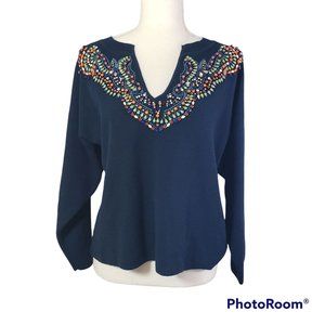 Anthropologie Moth Women Beaded Navy Sweater Medium